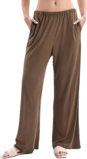 Womens Linen Knit High Waist Elastic Wide Leg Lounge Pants