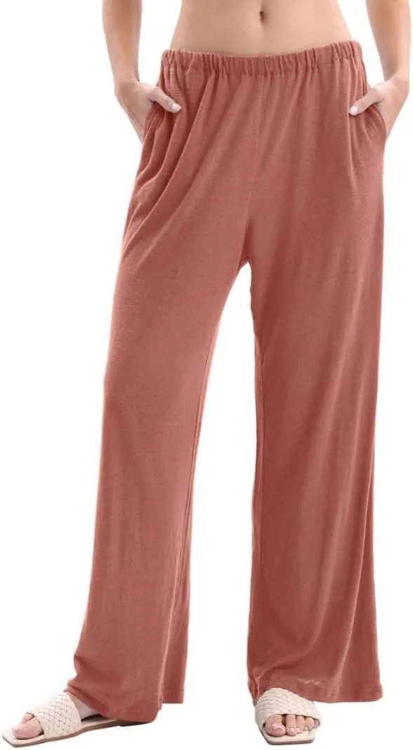 Womens Linen Knit High Waist Elastic Wide Leg Lounge Pants