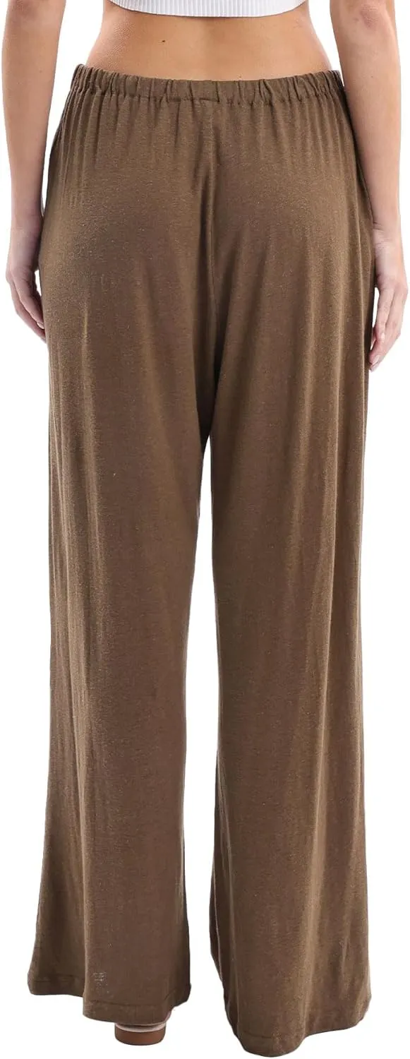 Womens Linen Knit High Waist Elastic Wide Leg Lounge Pants