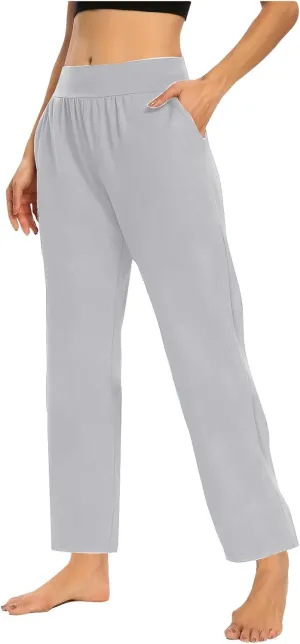Womens Pants Formal Straight Wide Leg Baggy Fashion Trousers Elastic High Waist Casual Pants with Pockets
