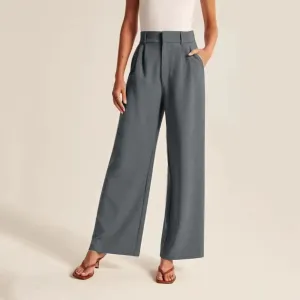 Womens Wide Leg Pants  High Waisted  Linen Feel  Full Length Pleated Fit