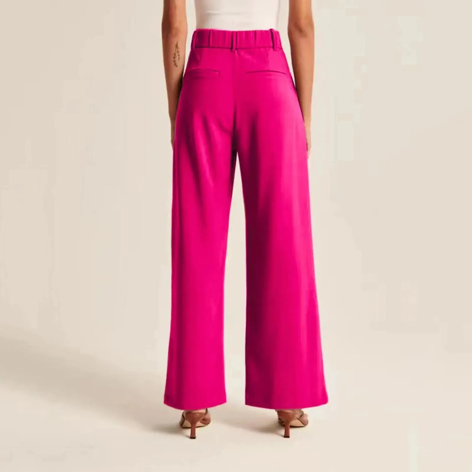 Womens Wide Leg Pants  High Waisted  Linen Feel  Full Length Pleated Fit