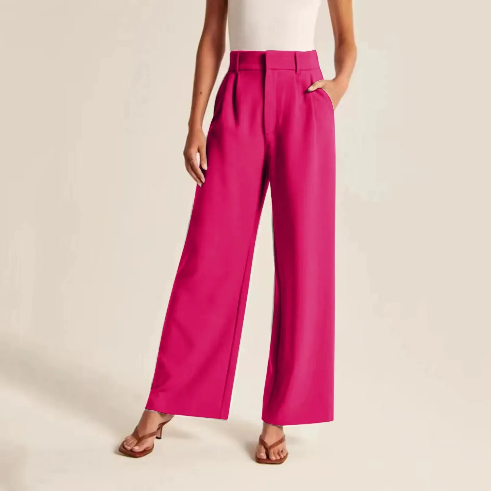 Womens Wide Leg Pants  High Waisted  Linen Feel  Full Length Pleated Fit