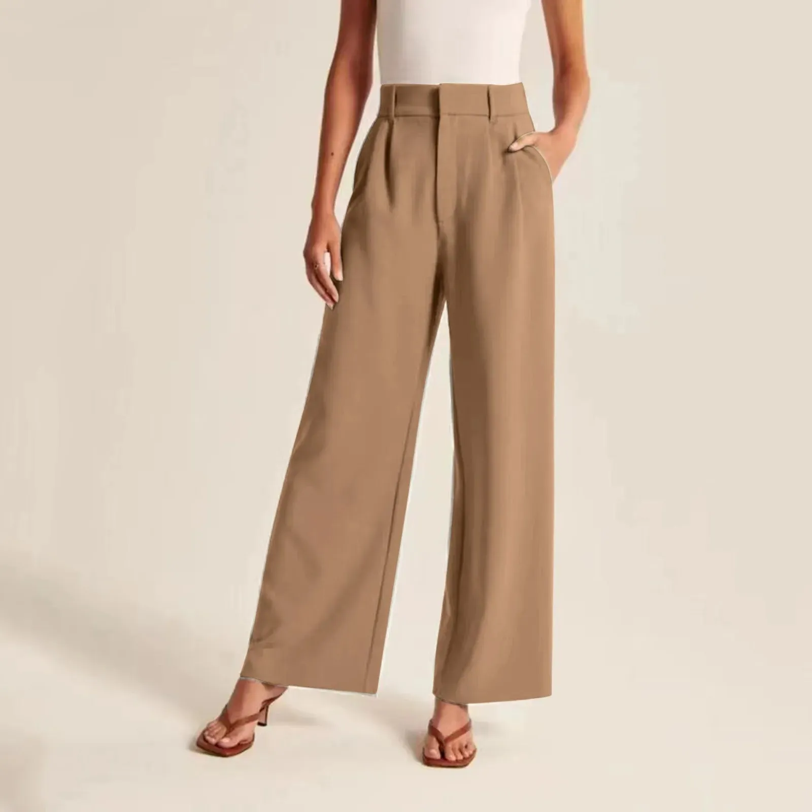 Womens Wide Leg Pants  High Waisted  Linen Feel  Full Length Pleated Fit
