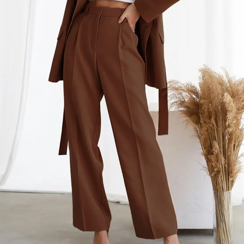 Women's Wide-Leg Trousers - High-Waisted Fit - Pleated Front - Full Length Elegant Wear