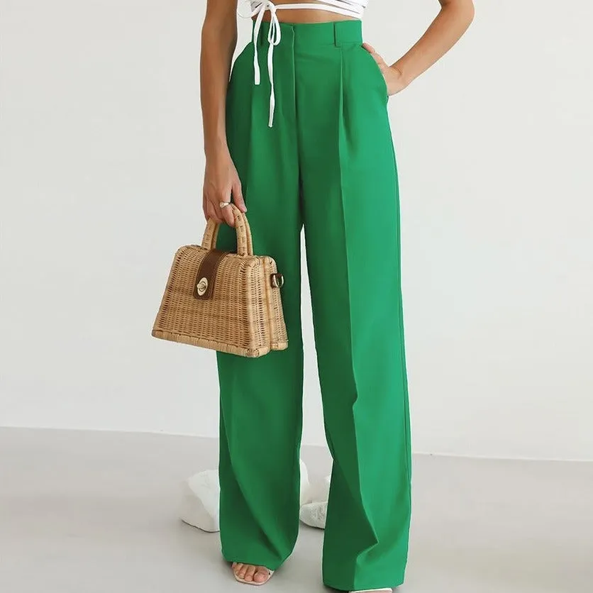 Women's Wide-Leg Trousers - High-Waisted Fit - Pleated Front - Full Length Elegant Wear