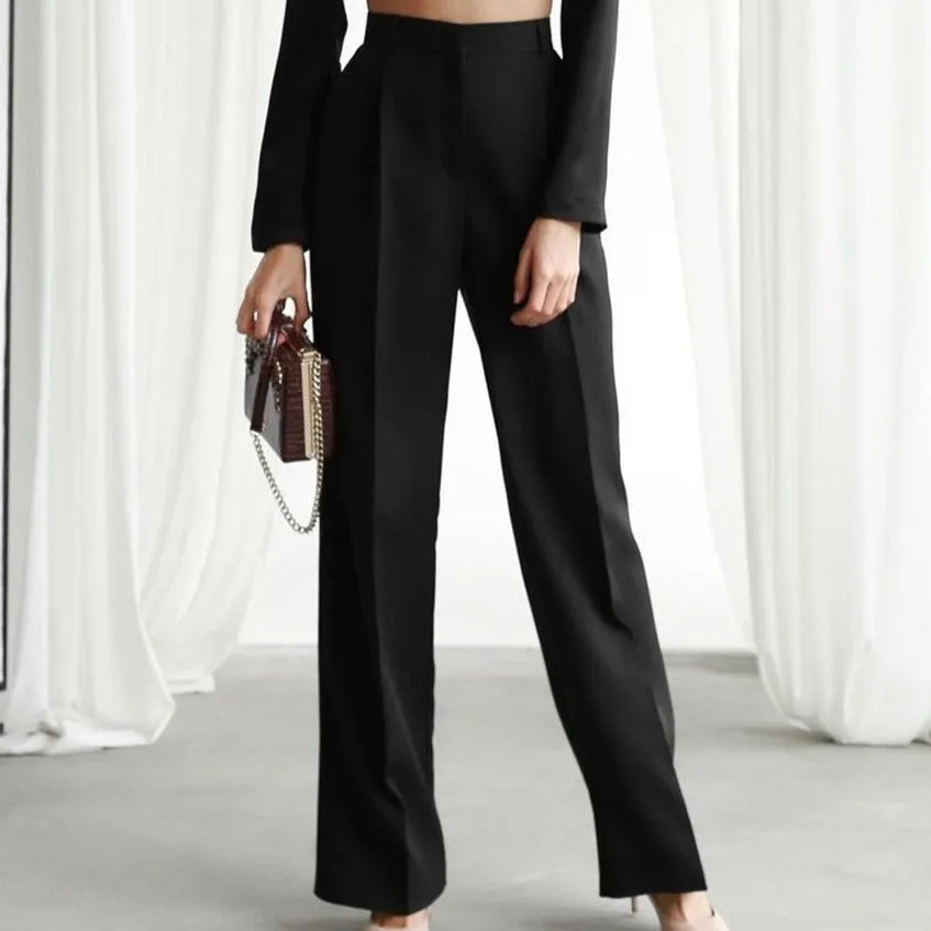 Women's Wide-Leg Trousers - High-Waisted Fit - Pleated Front - Full Length Elegant Wear