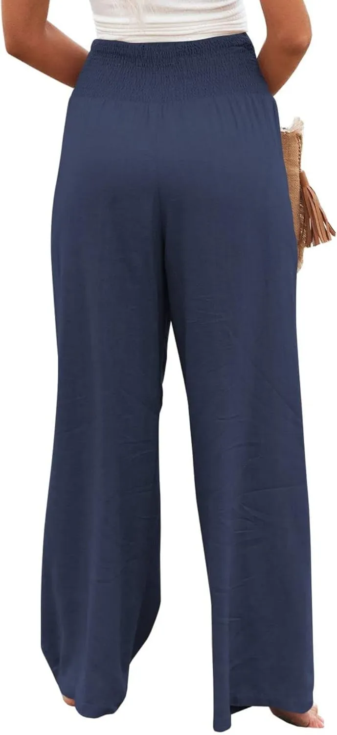 ZWRXW Womens Linen Wide Leg Pants High Waisted Palazzo Lounge Pant 2024 Summer Beach Work Boho Casual Trousers with Pockets