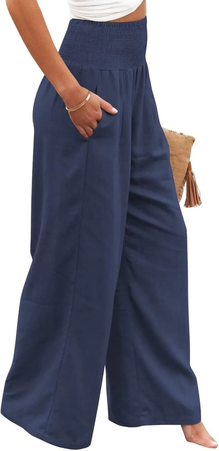 ZWRXW Womens Linen Wide Leg Pants High Waisted Palazzo Lounge Pant 2024 Summer Beach Work Boho Casual Trousers with Pockets