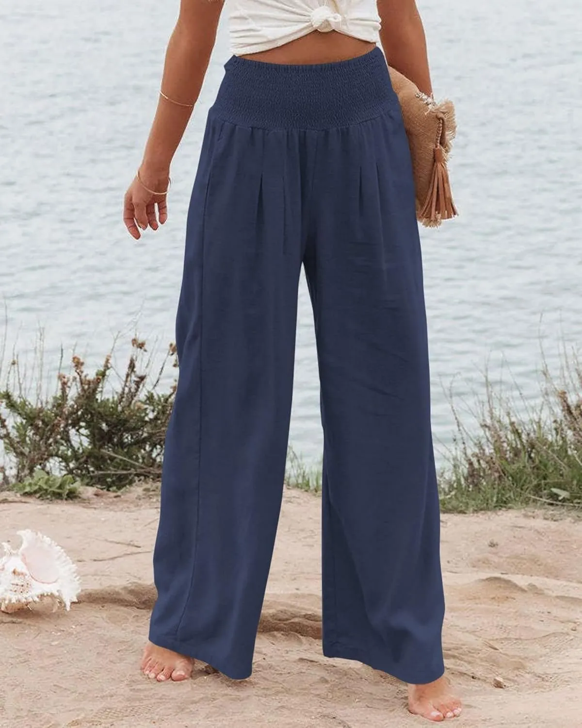 ZWRXW Womens Linen Wide Leg Pants High Waisted Palazzo Lounge Pant 2024 Summer Beach Work Boho Casual Trousers with Pockets