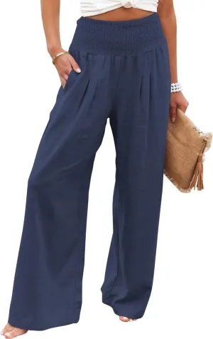 ZWRXW Womens Linen Wide Leg Pants High Waisted Palazzo Lounge Pant 2024 Summer Beach Work Boho Casual Trousers with Pockets