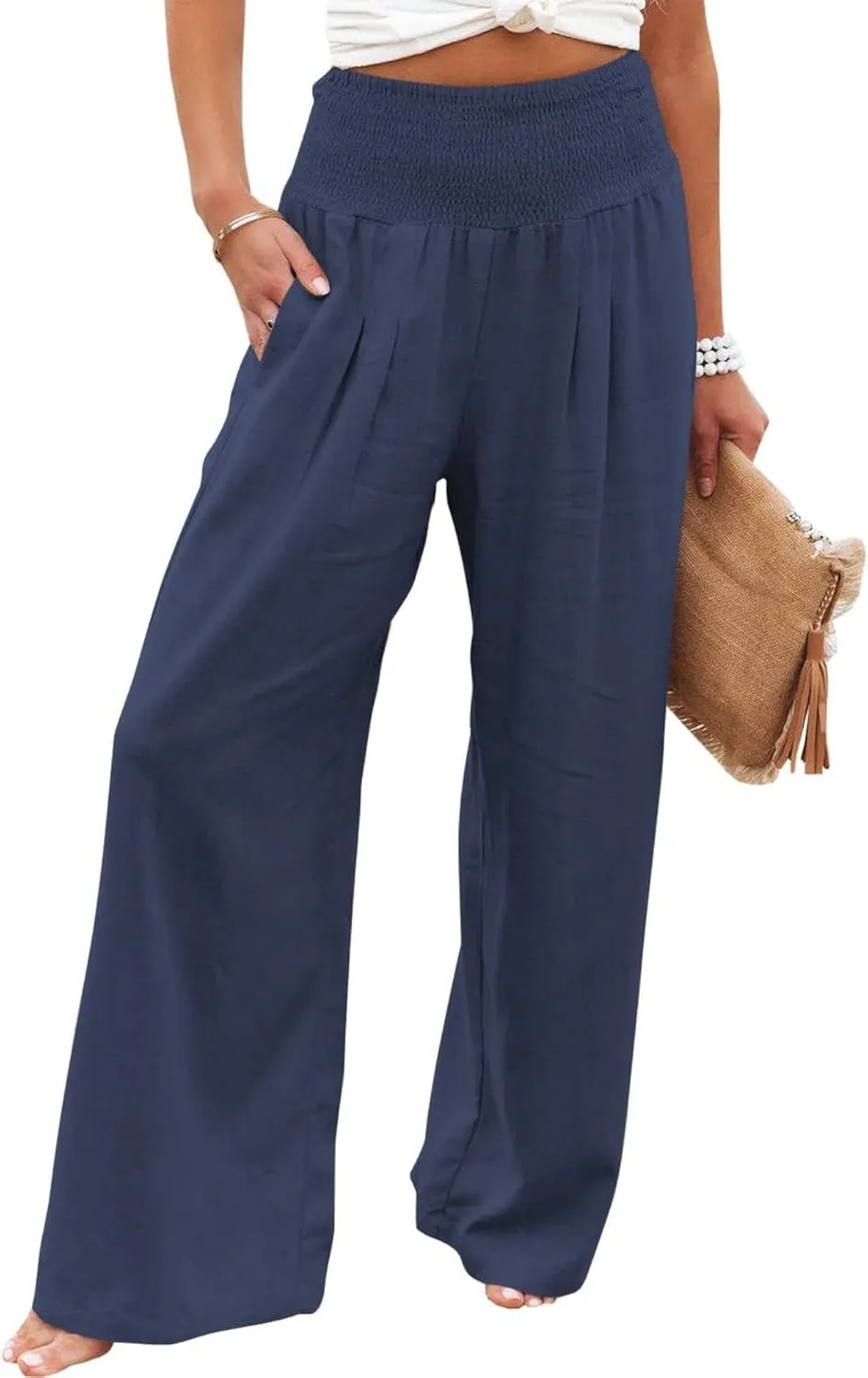 ZWRXW Womens Linen Wide Leg Pants High Waisted Palazzo Lounge Pant 2024 Summer Beach Work Boho Casual Trousers with Pockets
